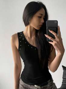 StreetHx 女式夏季休闲百搭纯色单肩上衣 - 黑色 - 查看 4