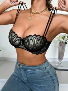 SHEIN 1pc Women's Romantic Embroidery Underwire Bra - Black - View 8