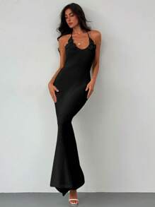 Aloruh Apricot Backless Halter Bodycon Dress With 3D Flower Summer Knit Texture, For Romantic Date Vacation - Black - View 7