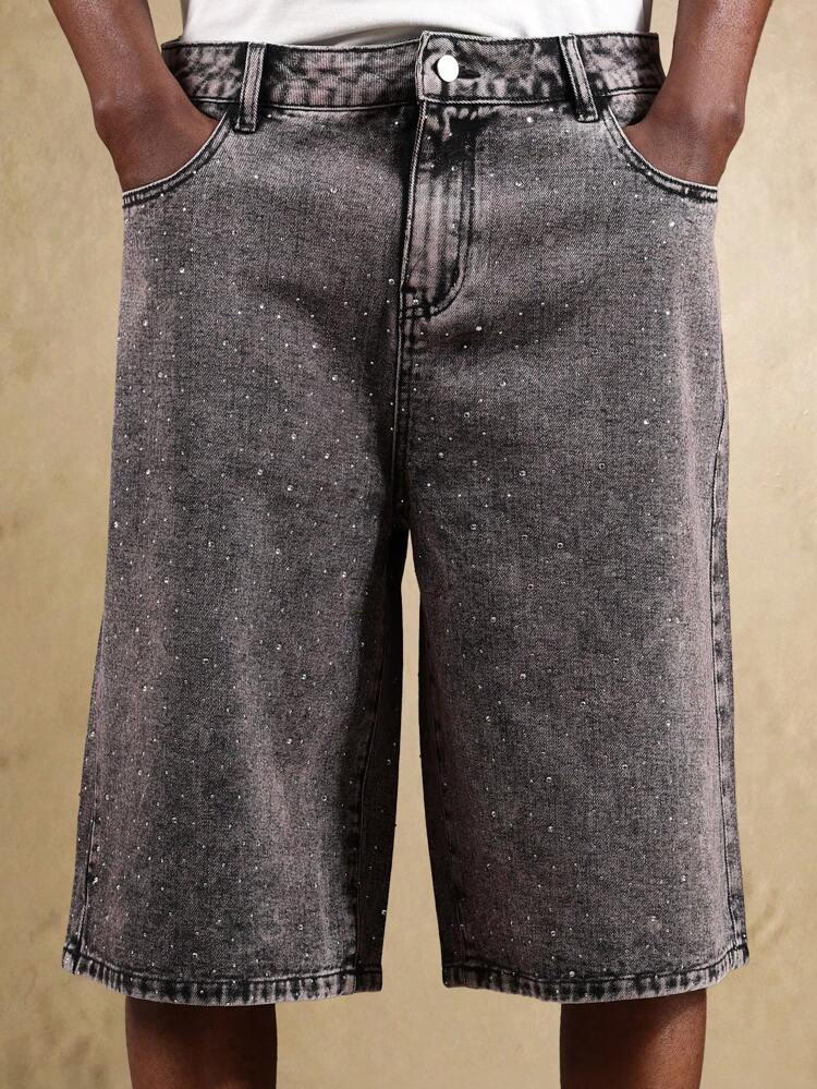 Sparkle Studded Wide Leg Loose Fit High Fashion Denim Shorts