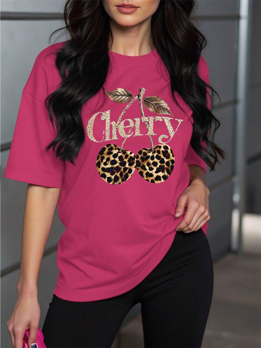 INAWLY Áo thun ngắn tay cổ tròn in họa tiết da báo và quả anh đào thời trang đường phố dành cho nữ - Màu Hồng Tươi - Xem 1