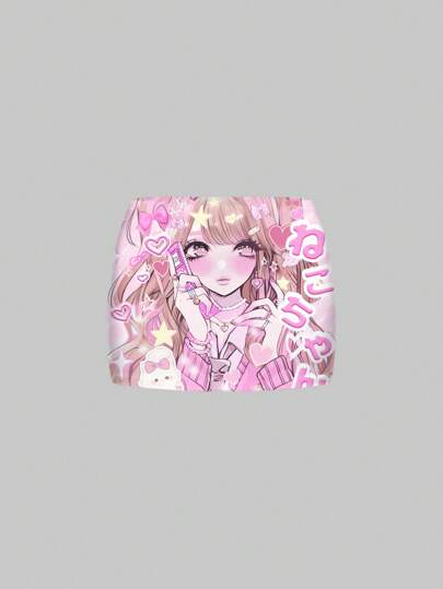 Anime Cute Cartoon Character Print Pink Sexy Bodycon Mini Skirt, Low Waisted