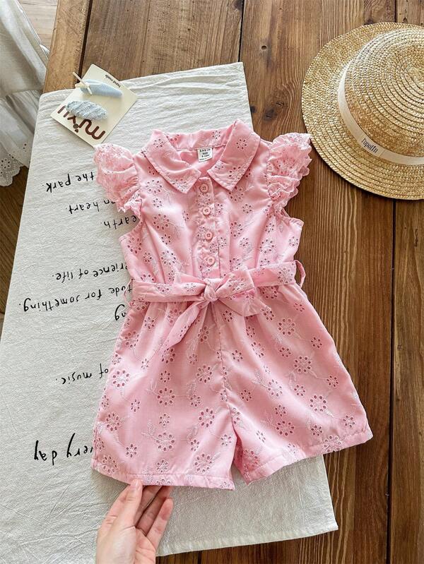 SHEIN LMoss Kids Babygirl śliczny różowy kwiatowy haftowany kombinezon, lato