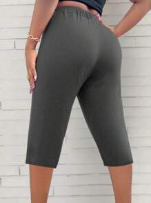 SHEIN LUNE 大码女式纯色腰带口袋七分裤 - 深灰色 - 查看 2