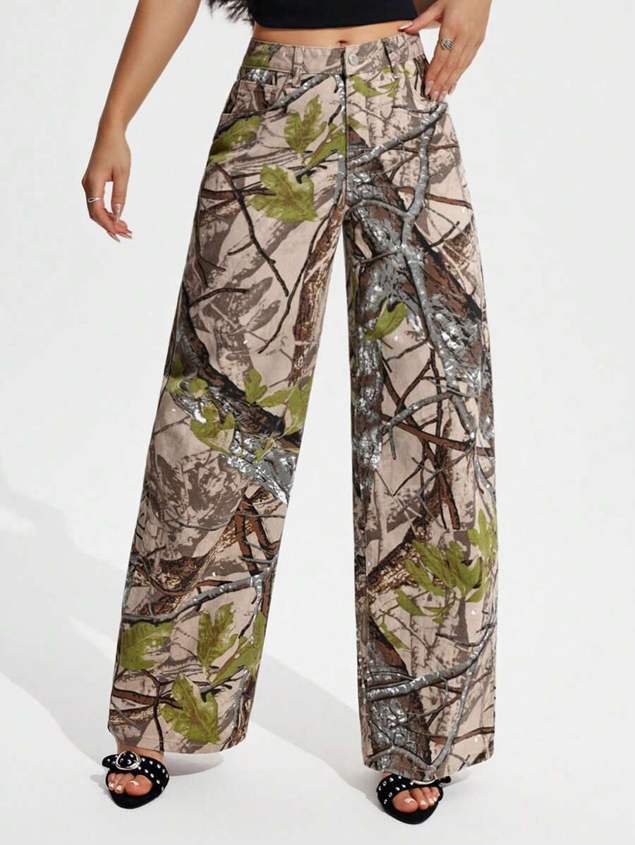 Jeanoix Quần jean ống rộng in họa tiết cành cây mùa thu dành cho nữ, thường ngày, đa năng Y2K - Nhiều màu - Xem 1