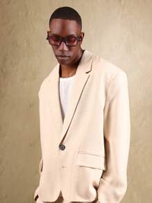 SUMWON 亚麻混纺短款单排扣春季西装外套时尚休闲商务专业面试装结构化定制轻便西装外套 - 卡其色 - 查看 4