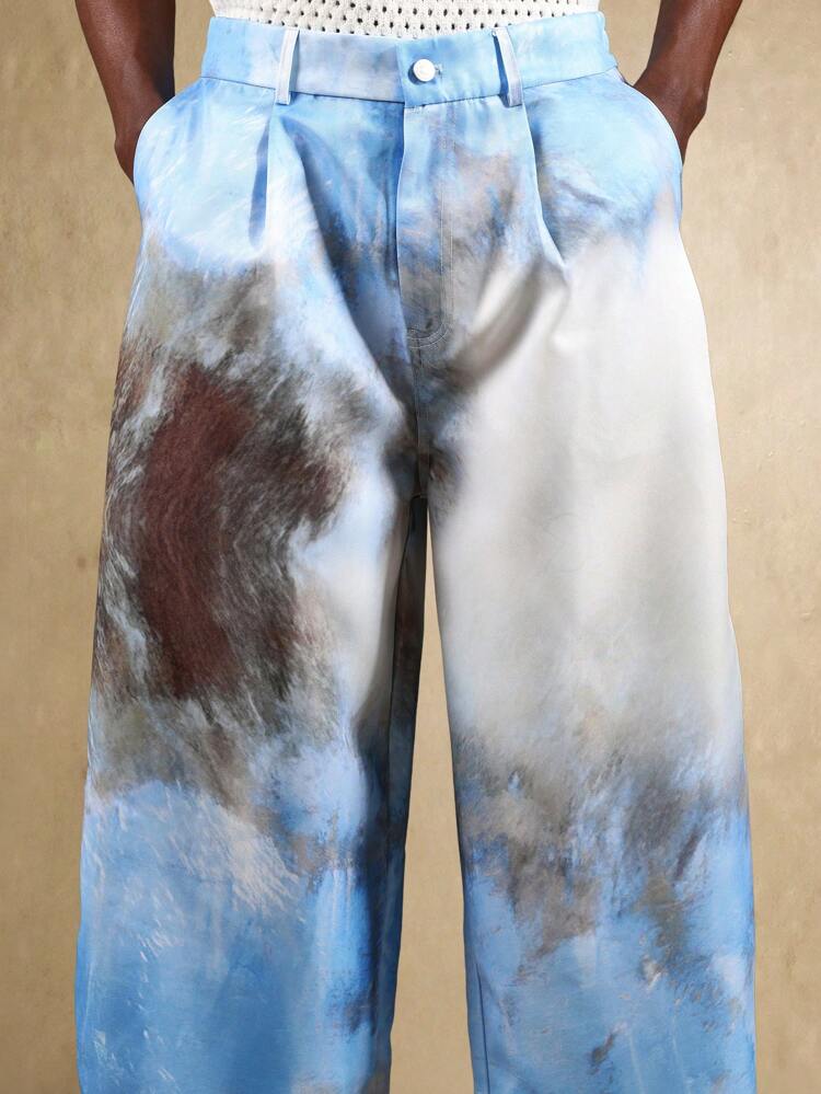 모던 배럴 컷 와이드 레그 팬츠 아티스틱 수채화 패턴