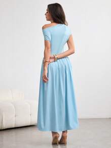 Modelyn Women's Elegant Soft Charm Light Blue Long Dress With Asymmetrical Shoulder Ruffled Hem - Mint Blue - View 2