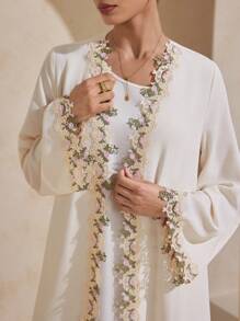 Graceveil Áo len cardigan tay dài hở phía trước viền ren hoa màu trơn thanh lịch - Màu be - Xem 1