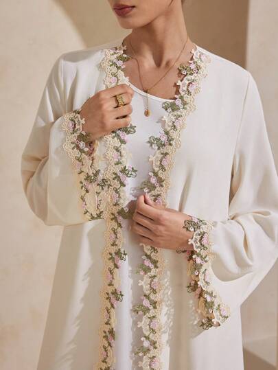 Graceveil Floral Lace Trim Open Front Long Sleeve Solid Color Elegant Cardigan Lace Abaya Abayas Dubai