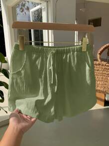 SHEIN EZwear 素色腰上打結闊腿短褲 - 綠色 - 查看 6