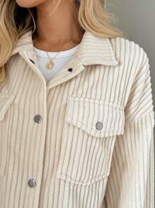 Easowa 缺口领金属扣前双口袋灯芯绒纹理衬衫式夹克，女士休闲优雅外套，适合秋冬季 - 杏色 - 查看 7