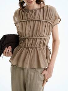Aalyst Women's Casual Round Neck Short Sleeve Pleated Layered Minimalist Drawstring Bowknot Solid Color Blouse, Spring/Summer