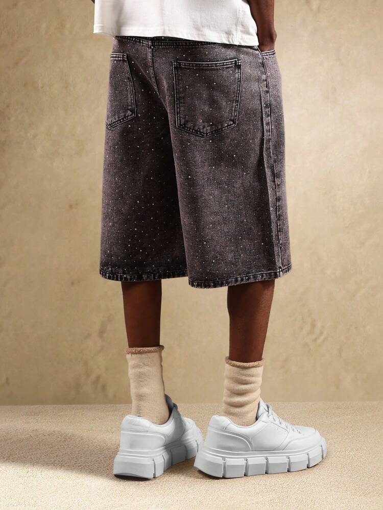 Sparkle Studded Wide Leg Loose Fit High Fashion Denim Shorts