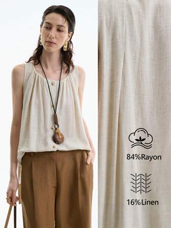 Aalyst Blusa casual sem manga plissada com design de botão sólido, Verão