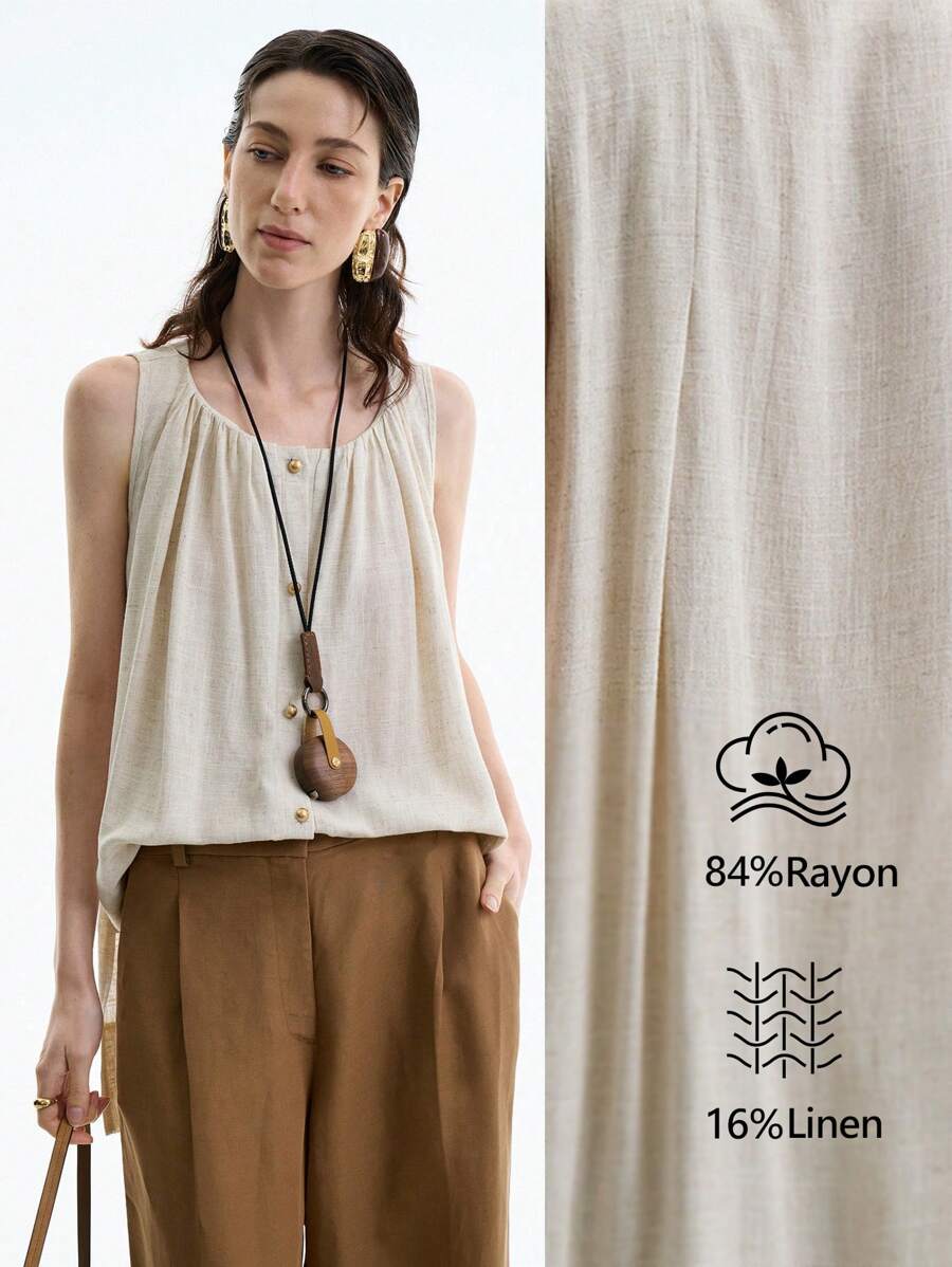 Aalyst Blusa informal de verano sin mangas con diseño de botones y pliegues, de unicolor - Caqui - Ver 1