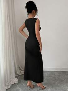 Lyxana Women Elegant Minimalist Slimming Long Dress, Summer - Black - View 2