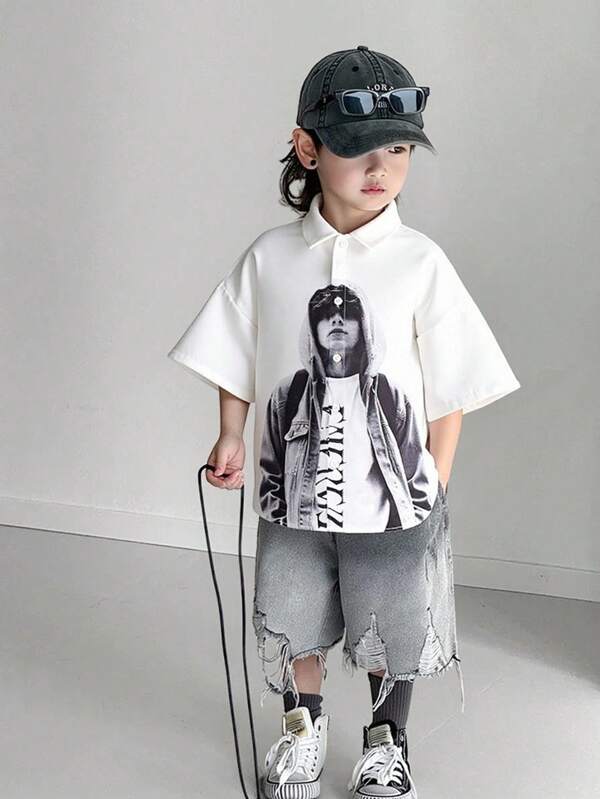 Camisa de manga corta con cuello vuelto y estampado de figura, estilo urbano coreano casual, apropiada para ir al trabajo, la escuela, el uso diario casual, deportes, apta para primavera, verano, otoño e invierno, para niños preadolescentes