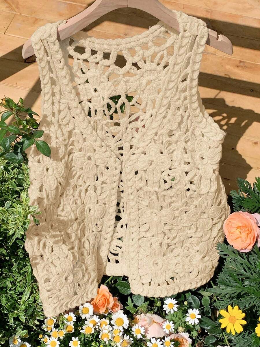 Comfortcana Áo len cardigan mỏng không tay khoét lỗ họa tiết hoa trơn màu cho nữ - Màu Khaki - Xem 1