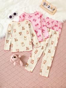 SHEIN 4 件套少女可爱小熊蝴蝶结图案荷叶边圆领长袖上衣和长裤针织舒适休闲睡衣套装 - 彩色 - 查看 2