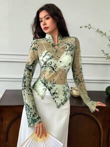EastFlair Women Floral Flocked Mesh Long Sleeve Button Design Fashion Top