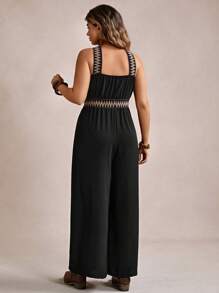 Freevana Plus Size Vacation Cross V-Neck Strap Summer Boho Jumpsuit With Long Pants - Black - View 2