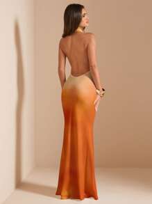 SHEIN BAE 女式休闲渐变色垂坠领修身长裙，夏季 - 彩色 - 查看 1