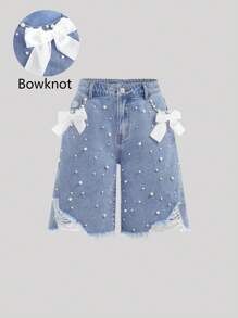SHEIN Girlism Teen Girls' Elegant Light Washed Distressed Bowknot Baggy Denim Shorts With Pocket Insert, Faux Pearl, Summer - Dark Wash - View 5