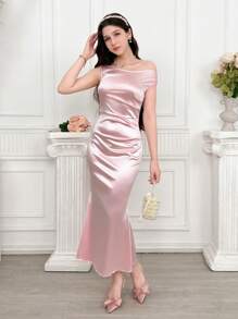 Teen Girl Solid Color Asymmetric Neckline Ruffle Fitted Elegant Dress