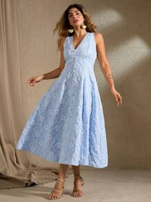 Flirla Váy chữ A in hoa tay bồng cỡ lớn cho nữ, màu vàng - Màu xanh lam - Xem 4