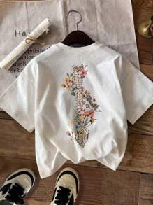 SHEIN EZwear Plus Size Women Floral Print Round Neck Short Sleeve Casual Loose T-Shirt - White - View 4