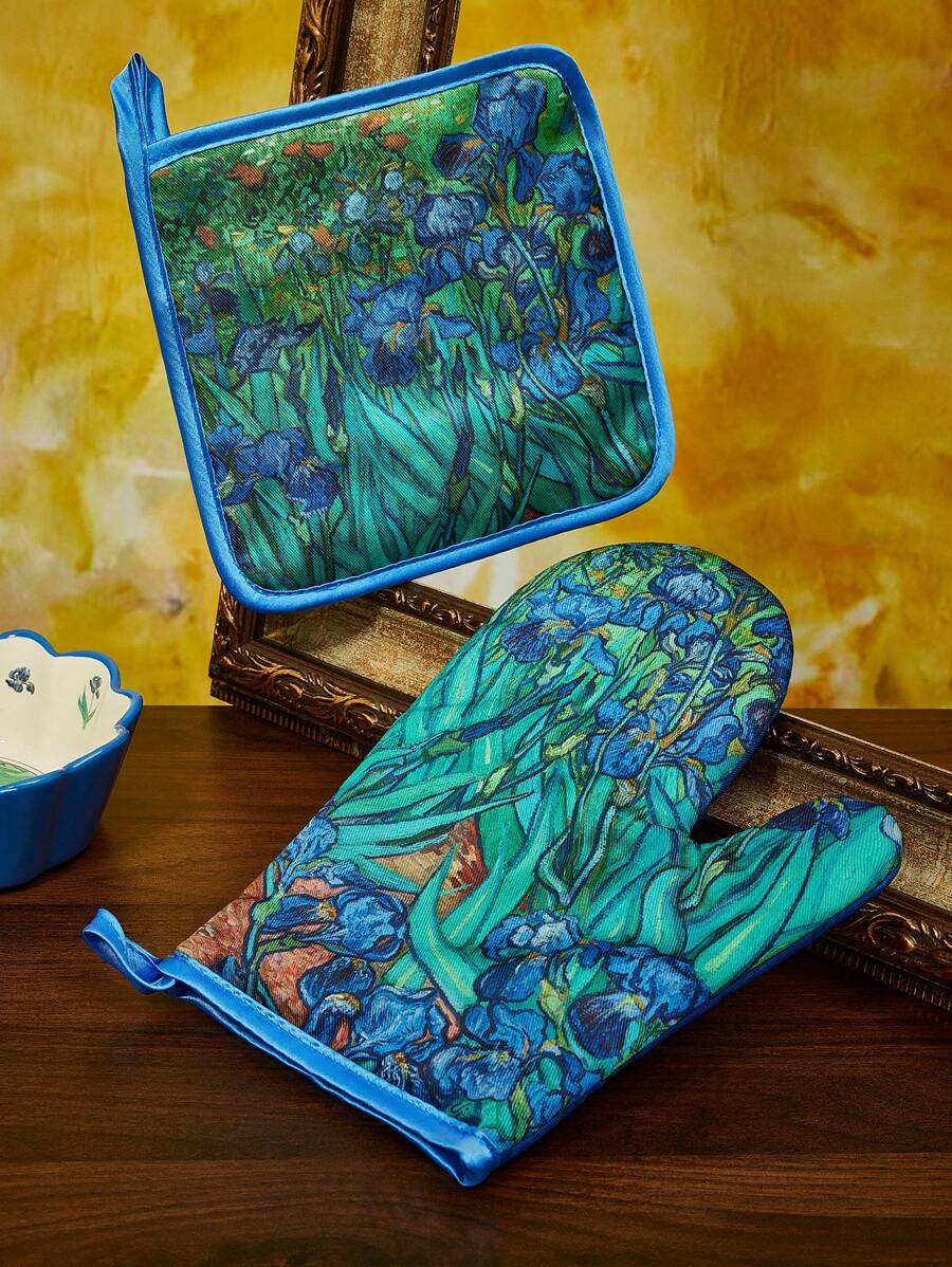 SHEIN Touch of Art 马尔代夫和Trilu印花耐热厨房烘焙配件，可选手套或隔热垫，适用于烤箱，加厚隔热垫，夏季、春季、海滩、度假、花卉图案 - 彩色 - 查看 1