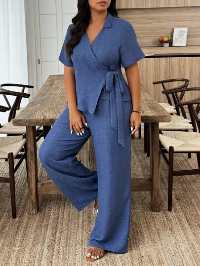 EMERY ROSE Plus Size Casual Solid Color Wrap Shirt & Pants 2 Pieces Set