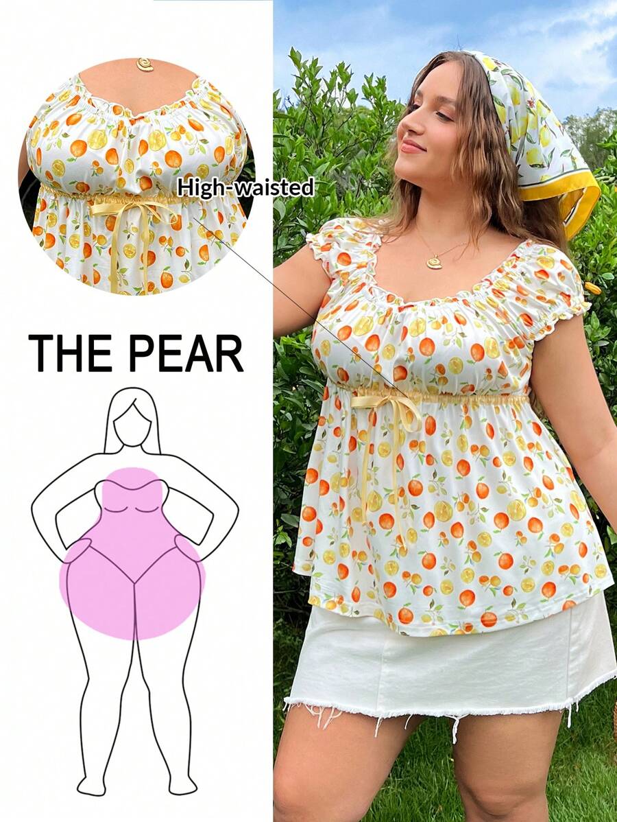 SHEIN EZwear 大码夏季度假休闲水果印花针织T恤 - 白色 - 查看 1