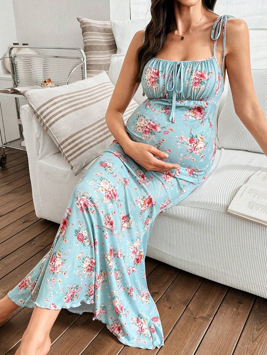 Moonlight&Mama Vestido de maternidad largo con estampado floral, cierre delantero y volantes - Verde - Ver 1