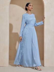 Graceveil Đầm nữ dệt bóng, thêu họa tiết, thiết kế eo. - Màu xanh lam - Xem 3