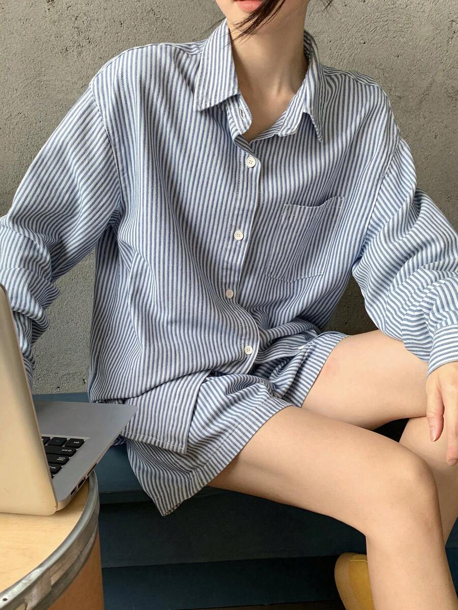 DAZY Women's Long Lapel Loose Striped Shirt And Shorts Two Pieces Urban Casual Denim Suit - Blue - View 1