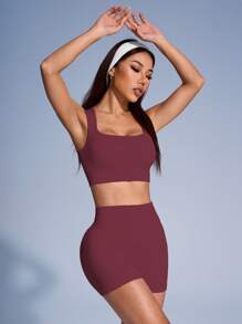 Easithlete Women Solid Color Ribbed Sports Bra And Shorts Set Workout Women Sets - Burgundy - View 4