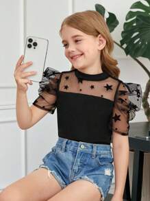 SHEIN Leap Crew 女大童拼接星星網紗泡泡袖T恤 - 黑色 - 查看 1