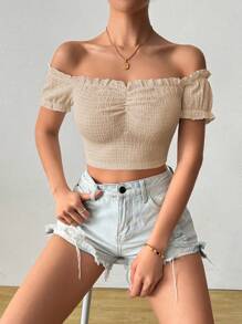 Chiquease Women's Solid Off Shoulder Textured Cropped Fashionable T-Shirt