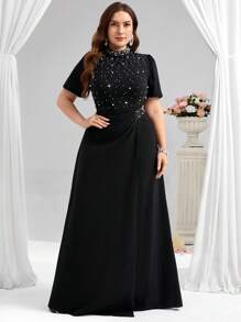 Coutiva Plus Size Women's Faux Pearl Decor Mandarin Collar Short Sleeve Elegant Formal Evening Gown (Embellished Design) Birthday Dresses For Women Sequin