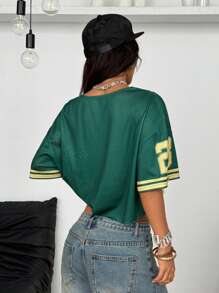 Coolane 女士夏季运动服基本款 Y2K 数字图案撞色蕾丝 V 领针织大码 T 恤