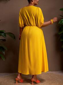 Veslaya Spring & Summer New Plus Size Women Long Maxi Dress, Solid Yellow Deep V-Neck Twist Waist Ruched Flare Sleeve Flared Hem Casual Beach & Party Dress - Yellow - View 2