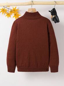 SHEIN Tween Boy Solid Color Turtleneck Pullover Sweater,Back-To-School Casual School Shades Of Brown,Autumn Winter Versatile Outdoor Gathering Knitwear - Brown - View 3