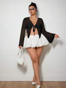 SHEIN ICON Icon Plus Size 纯色系带前开襟荷叶边网纱 Y2k 上衣，白色，度假，夜店性感 - 黑色 - 查看 7