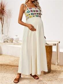 SHEIN 孕妇夏季吊带连衣裙，时尚女士休闲连衣裙，白色连衣裙，度假，休闲女装 - 杏色 - 查看 3