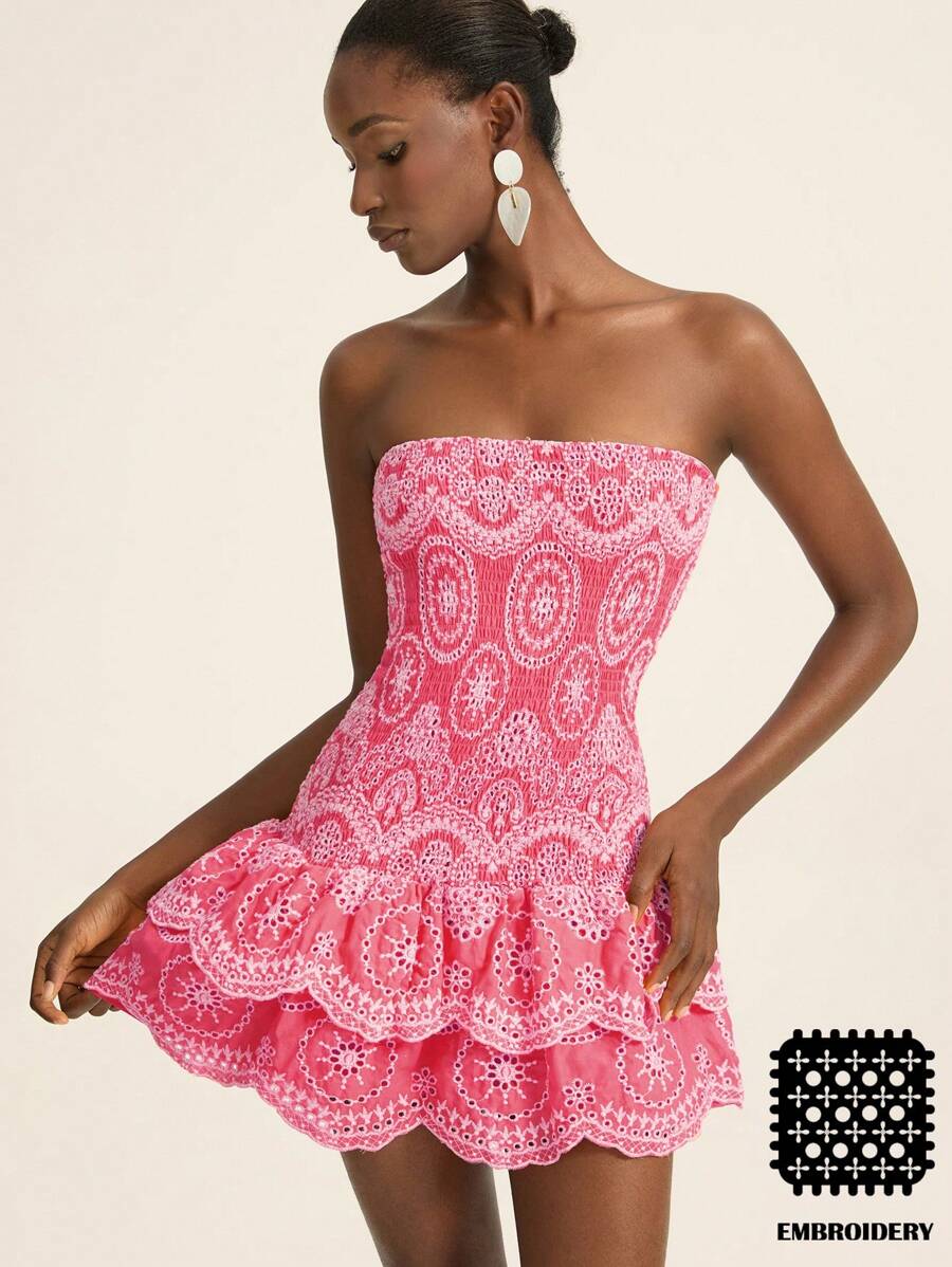 GENKIRA Váy đi nghỉ kiểu Pháp thời trang mới, váy ngắn bó sát hai lớp thêu ren gợi cảm, phong cách bãi biển sang trọng dành cho nữ - Hồng - Xem 1