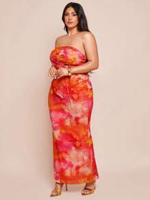 SHEIN BAE Plus Size Women Elegant Floral Print Drawstring Asymmetric Hem High Slit Bandeau Top For Spring/Summer, Vacation - Orange - View 7