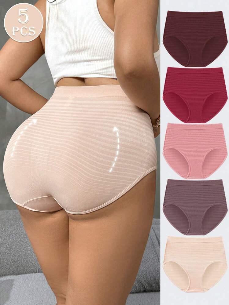 NudeFit 5 piezas Bragas sin costuras estampadas a rayas de talla grande y cintura alta cómodas y elásticas para mujer - Multicolor - Añade 2
