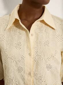 BELROSIE Women's Solid Color Random Daisy Embroidery Elegant Hollow Out Shirt - Apricot - View 5
